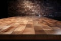 Wooden Tabletop for Product Presentation Against Brick Wall. Generative Ai Royalty Free Stock Photo