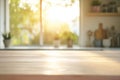 Wooden Tabletop With Sunlight Streaming Through Window in Kitchen Royalty Free Stock Photo