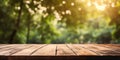 Wooden tabletop to advertise products. Blurred forest background. Generative AI