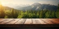 Wooden tabletop to advertise products. Blurred forest background. Generative AI