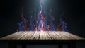 Wooden tabletop with vibrant multi-colored flames erupting in darkness Royalty Free Stock Photo