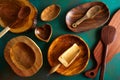 Wooden tableware on grungy green