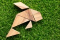 Wooden tangram puzzle in fish shape on green grass Royalty Free Stock Photo