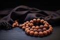 wooden tasbih prayer beads against dark cloth