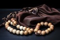 wooden tasbih prayer beads against dark cloth