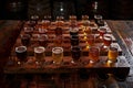 A wooden tasting flight with various glasses of craft beer on a rustic wooden table. Generative AI Royalty Free Stock Photo