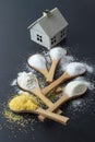 Wooden teaspoons with flour, salt, sugar, semolina, and corn flour, leading to a miniature metal home Royalty Free Stock Photo