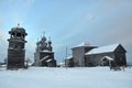 Wooden temple complex. Nicholas, Vvedenskaya Church and bell tower of the 17th-19th centuries in the twilight. Vorzogory village,