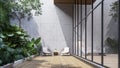 Wooden terrace between glass wall and green garden 3d render