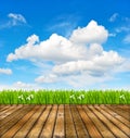 Wooden terrace with green grass and blue sky Royalty Free Stock Photo