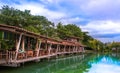 Wooden terrace on the lake on clear sky day