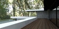 Wooden terrace of a luxury advanced house in a tropical forest. Wall cladding with slate. Large mirrored windows. 3d render