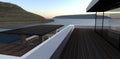 Wooden terrace of a luxury villa. View of the stunning river bay. Downstairs is an extended patio. 3d render