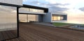 Wooden terrace on modern elite house. Relible glass fence with steel railing. Amazing sunset behind the clouds. 3d rendering