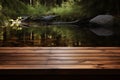 Wooden terrace nearly peaceful pond. Generative AI