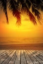 Wooden terrace over tropical island beach with coconut palm at sunset or sunrise time Royalty Free Stock Photo