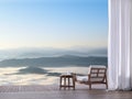 Wooden terrace with sea of fog view 3d render