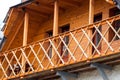 Wooden terrace of wooden house. Panorama windows