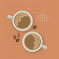 Wooden texture background of premium coffee beans of since 1970 with beans and top view porcelain cups with foam