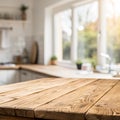 Wooden Texture Table Top with Blurred Kitchen Window Background Royalty Free Stock Photo