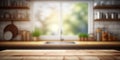 Wooden texture table top on blurred kitchen window background Royalty Free Stock Photo