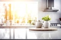 Wooden texture table top on blurred white rustic kitchen interior background. Epmty template for product display.