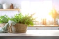 Wooden texture table top on blurred white rustic kitchen interior background. Epmty template for product display.