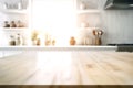 Wooden texture table top on blurred white rustic kitchen interior background. Epmty template for product display.