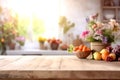 Wooden texture table top on blurred white rustic kitchen interior background. Epmty template for product display.