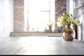 Wooden texture table top on blurred white rustic kitchen interior background. Epmty template for product display.