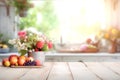 Wooden texture table top on blurred white rustic kitchen interior background. Epmty template for product display.