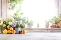 Wooden texture table top on blurred white rustic kitchen interior background. Epmty template for product display.