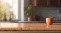 Wooden texture table top with coffee cup on blurred kitchen Generative AI