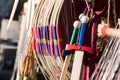 Wooden themed toys, medieval arcs and swords at the medieval market on a sunny day in Teruel, Spain Royalty Free Stock Photo