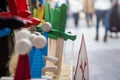 Wooden themed toys, medieval swords and shields at the medieval market on a sunny day in Teruel Royalty Free Stock Photo