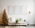 3 wooden thin frame mock-ups, living room decorated for christmas celebration, christmas decorations, interior design