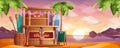 Wooden tiki bar on on sea beach at sunset in cartoon style Royalty Free Stock Photo