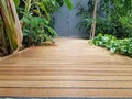 A wooden tile path surrounding with foliage