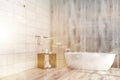 Wooden tiles bathroom corner, bathtub toned
