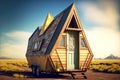 wooden tiny house with triangular roof and travel wheels