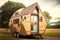 wooden tiny house with triangular roof and travel wheels