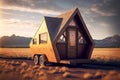 wooden tiny house with triangular roof and travel wheels