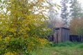 A wooden toilet stands in the autumn at the end of the residential area behind the yellow leaves of birches. Royalty Free Stock Photo