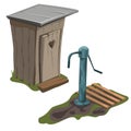 Wooden toilet and water pump, vector