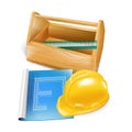 Wooden tool box with hard hat, construction sketch and ruler iso
