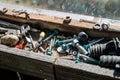 Wooden tool box of screws, anchors, nails, bolts. tool set of dowels, tool kit Royalty Free Stock Photo