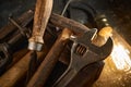 Wooden tool box of used hand tools with old and dirty, rusty wrenches, hammers and old light bulb Royalty Free Stock Photo