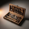 Wooden tool set displayed in an open box with a rich brown finish. The interior contains assorted Royalty Free Stock Photo