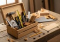 Wooden toolbox filled with carpentry tools on a workbench Royalty Free Stock Photo