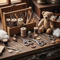 A wooden toolbox holds additional tools like crochet hooks and awls Royalty Free Stock Photo